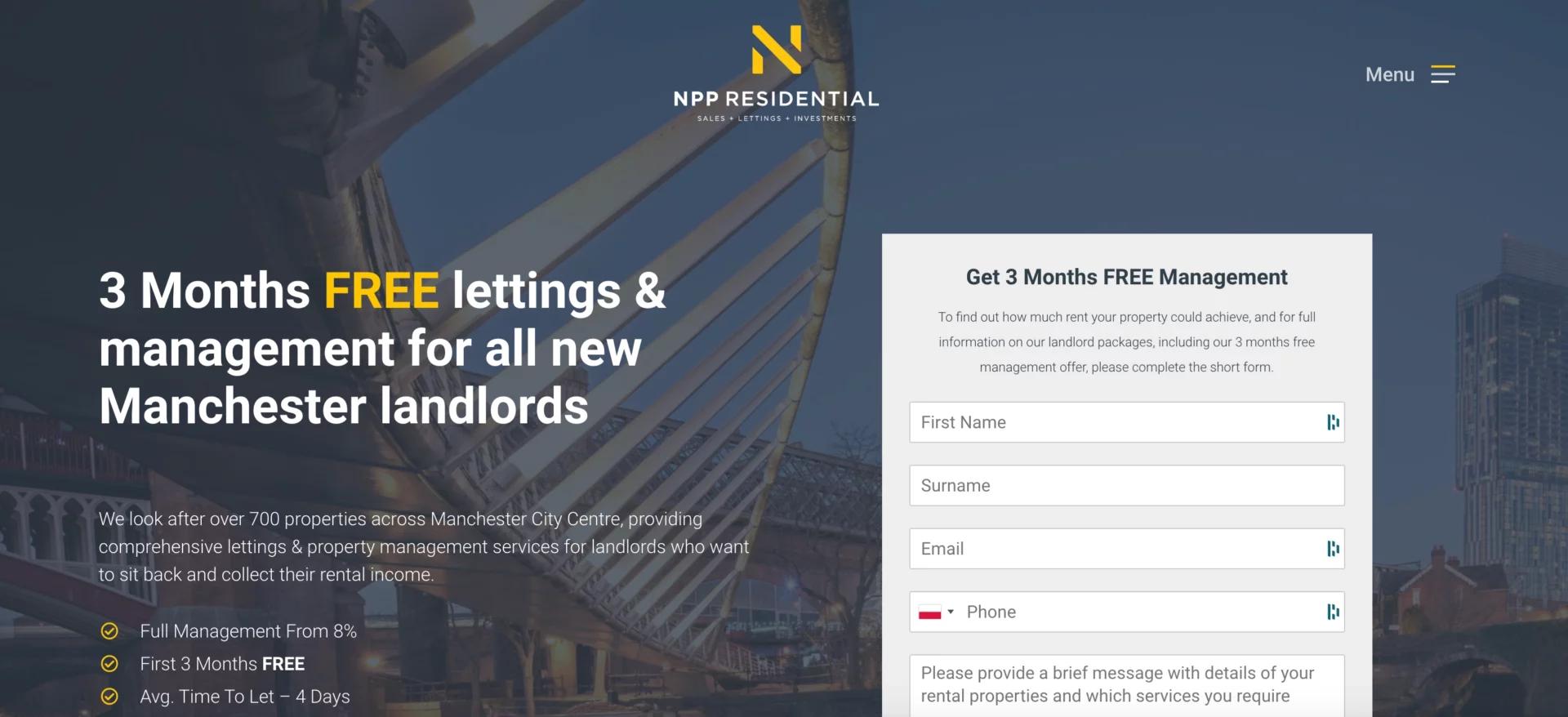 Landing page nieruchomości NPP Residential zachęca klientów ofertą zarządzania formalnościami