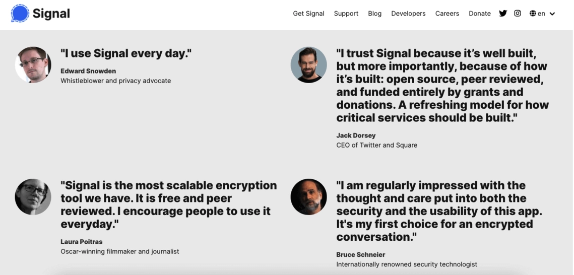 Signal's testimonials section on their saas landing page