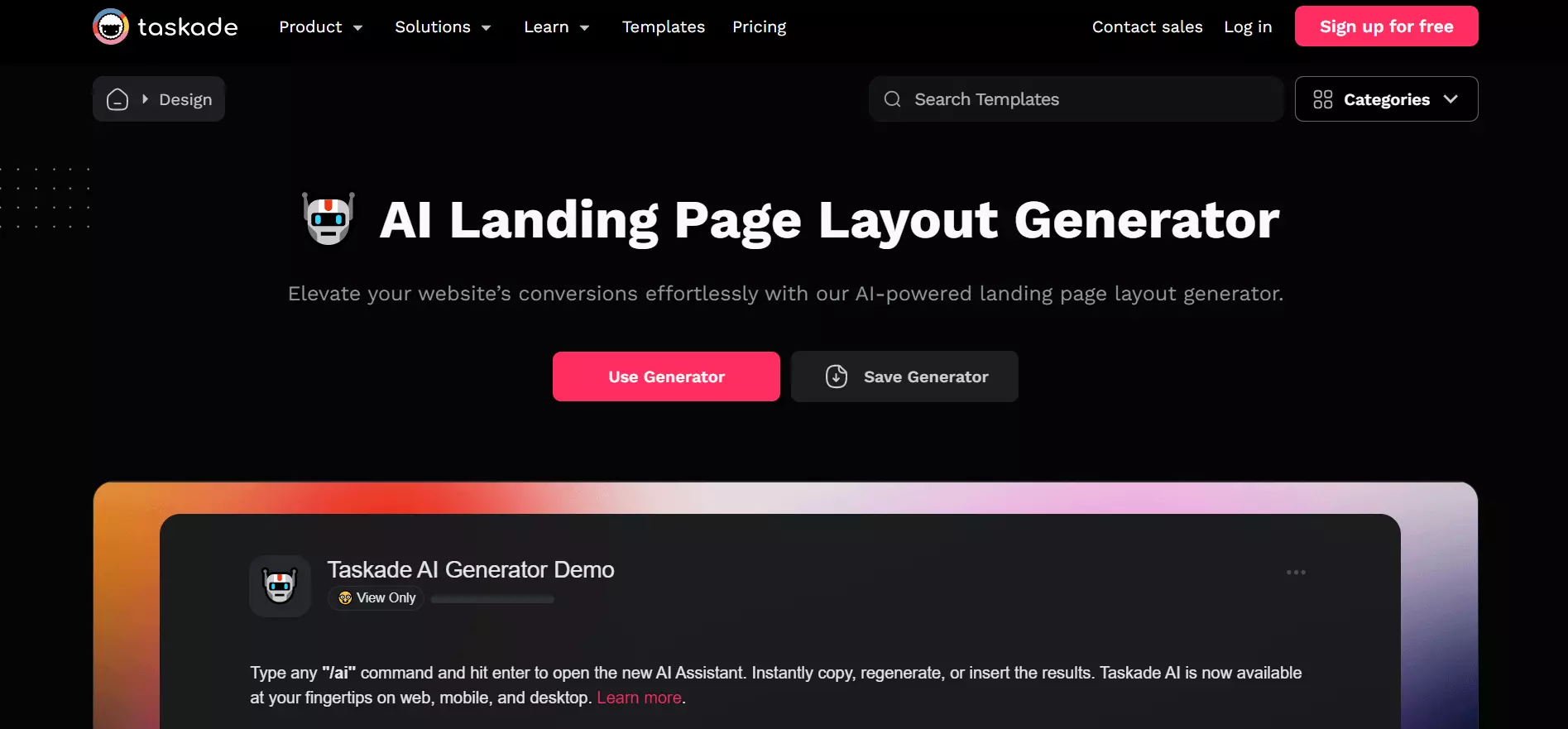 Taskade AI landing page generator
