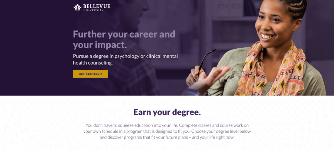 A landing page da Bellevue University fornece informações sobre o curso de Psicologia