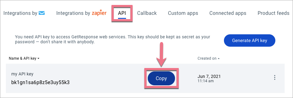 copy API from getresponse