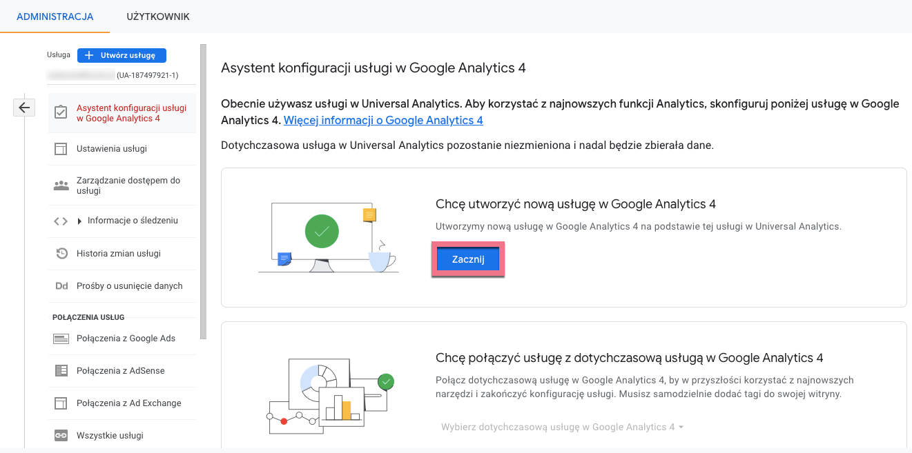 Widok Asystenta konfiguracji usługi w Google Analytics 4