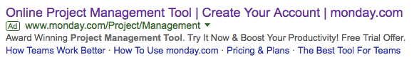 Monday.com google advertisement triggered after search