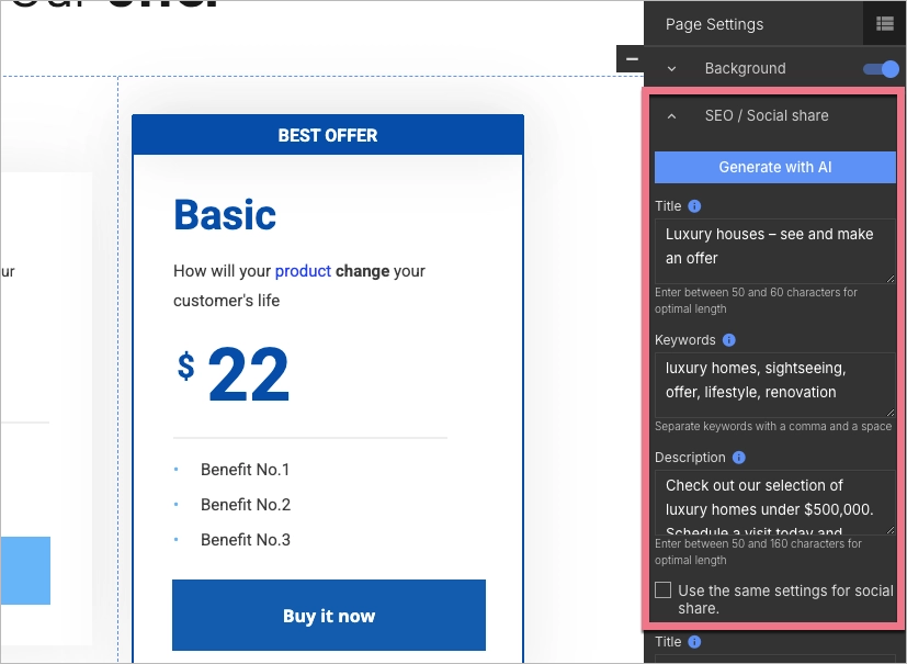 Landing page SEO settings in Landingi editor
