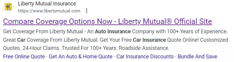 Liberty Mutual Insurance reklama w wyszukiwarce