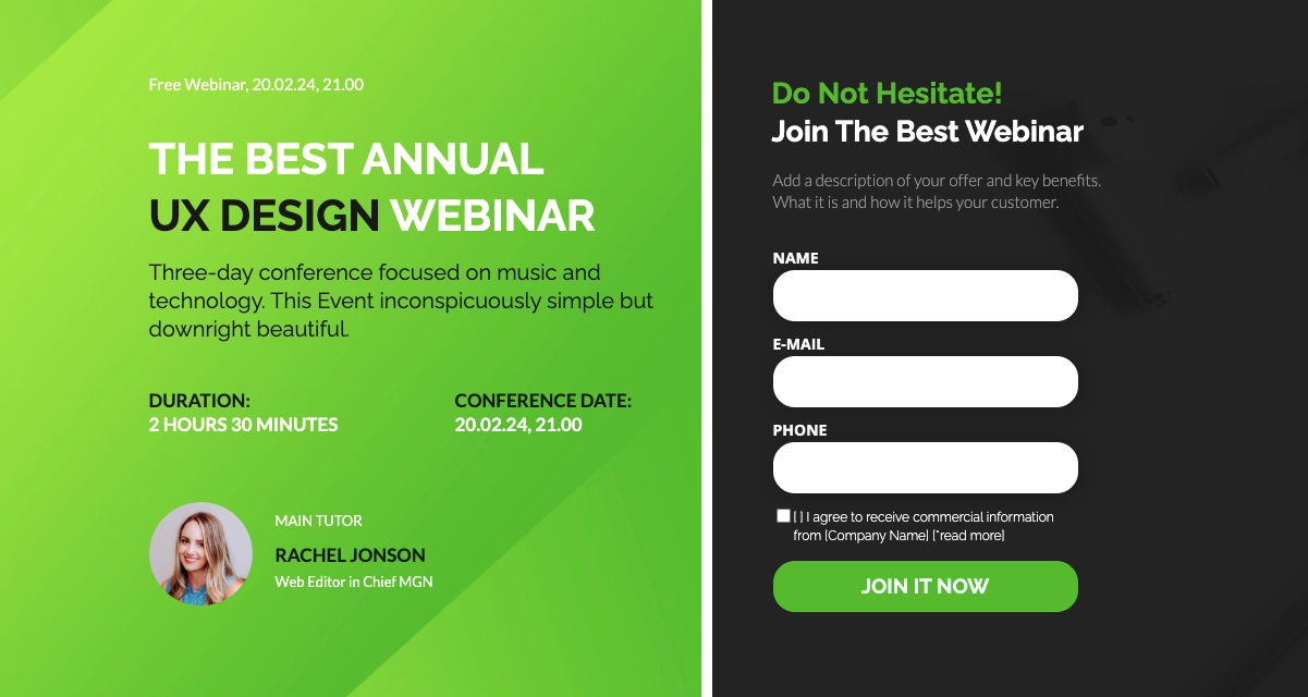Landing page example for webinar campaign