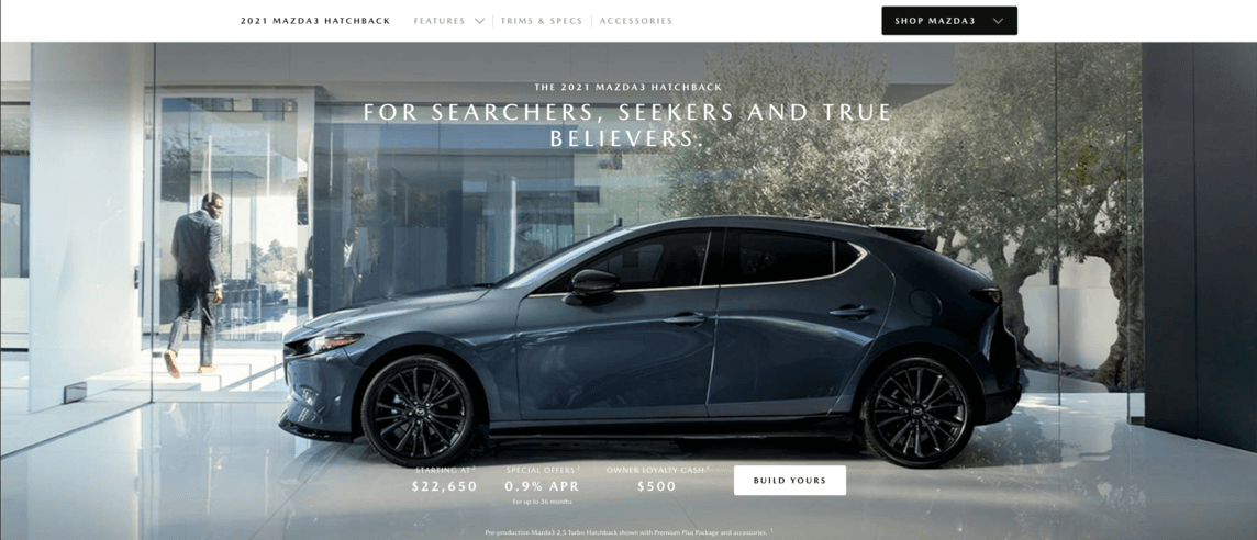 A landing page of the 2022 Mazda 3