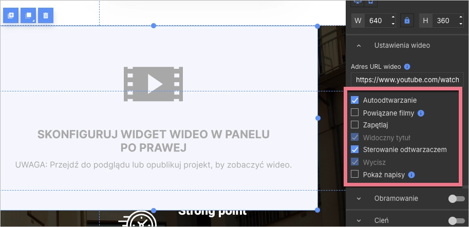 Opcje widget wideo w Landingi