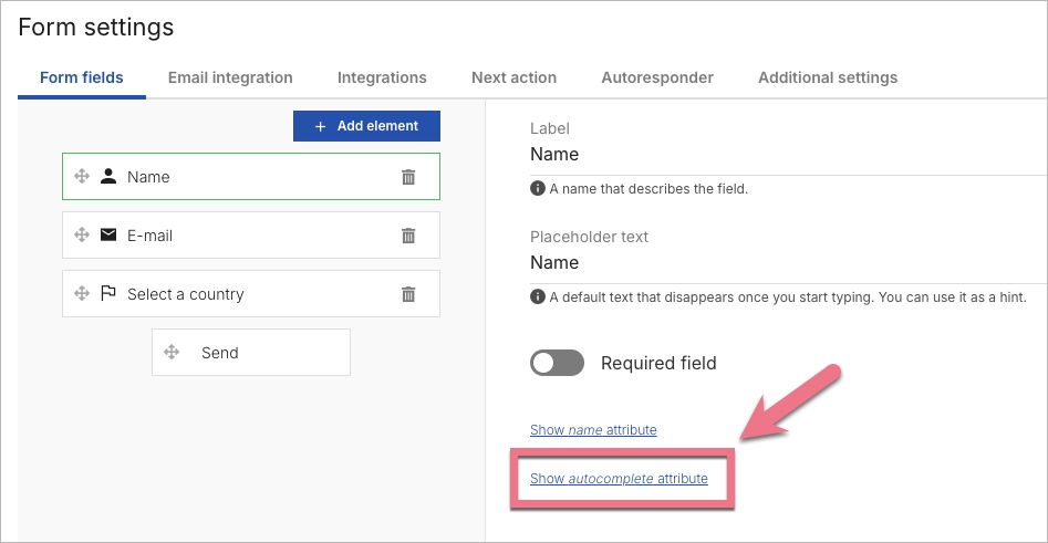 Form settings view