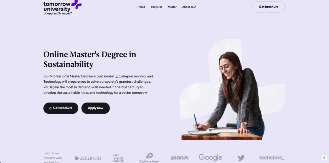 Uma landing page da Tomorrow University sobre seu Mestrado em Sustentabilidade