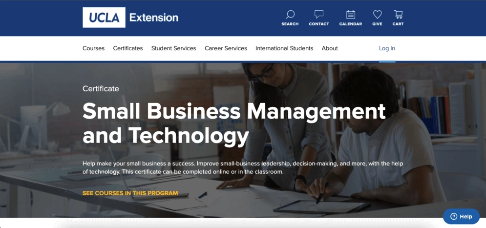 Uma landing page dos cursos de Gestão de Negócios e Tecnologia da UCLA para pequenas empresas
