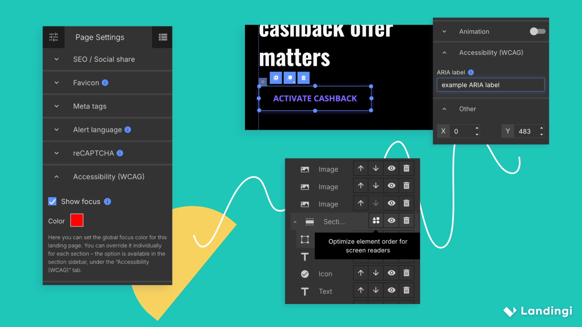Ajustes globales de accesibilidad en Landingi, incluidos el color de enfoque y la optimización del orden de los elementos.