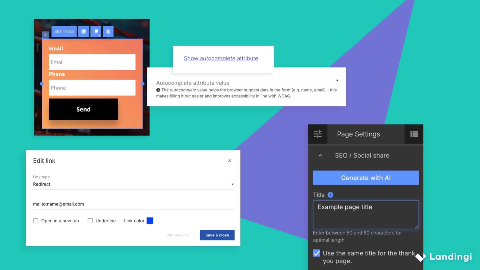 Editor landingi que muestra la configuración del formulario, las opciones de autocompletar, el enlace mailto y el título de la página.