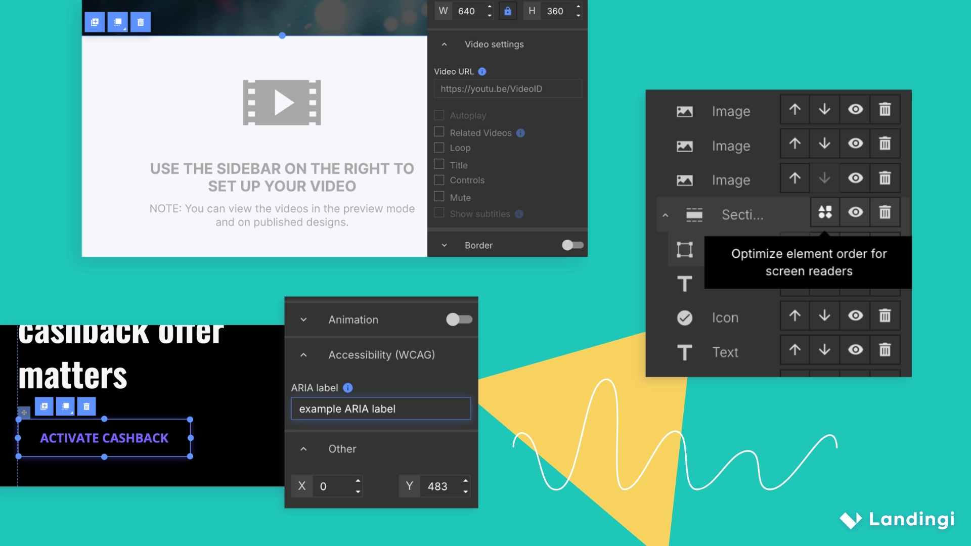 Herramientas de accesibilidad en Landingi: orden de los elementos, etiquetas ARIA y configuración de vídeo.
