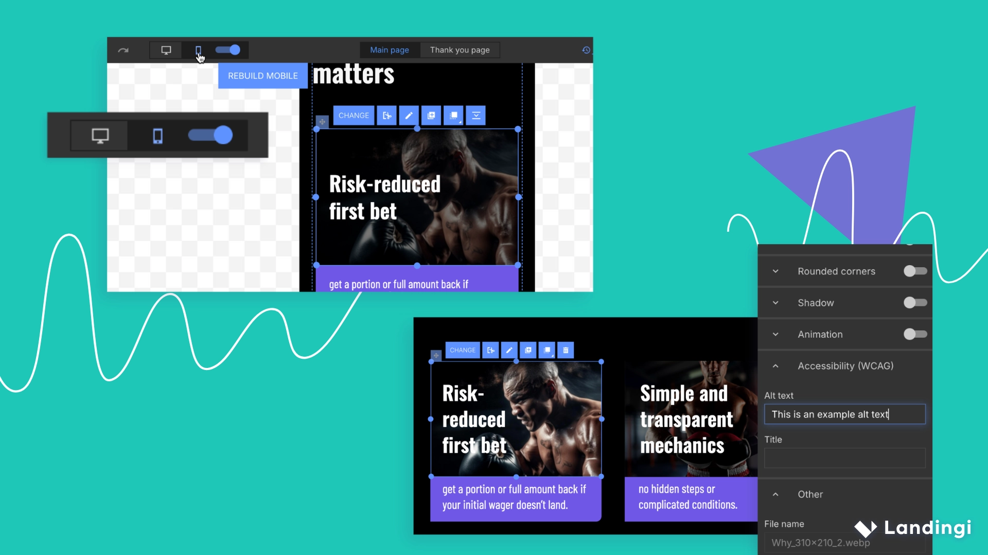 Cambio entre las vistas de móvil y escritorio con la edición de texto alternativo en el editor Landingi.