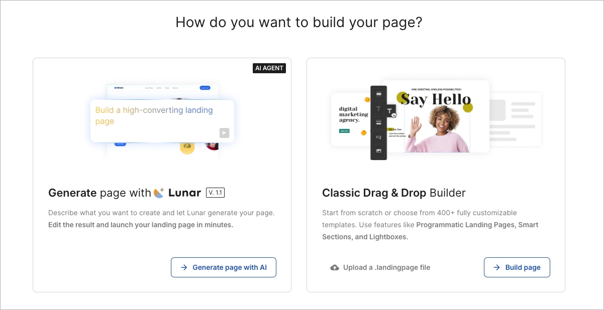 page creation options in Landingi