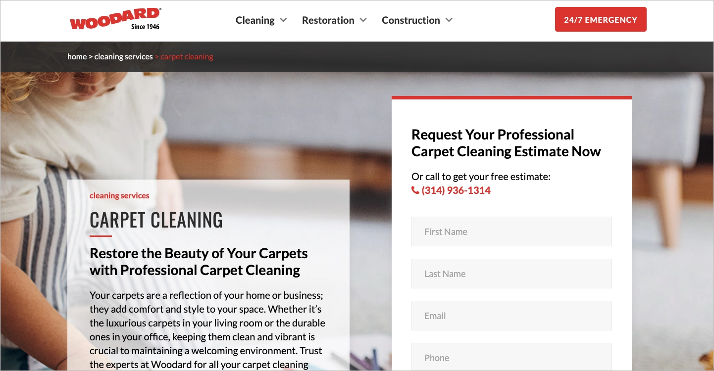 Cleaning service PPC landing page example