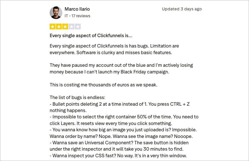 Recensione negativa di ClickFunnels