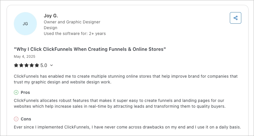 Recensione positiva di ClickFunnels