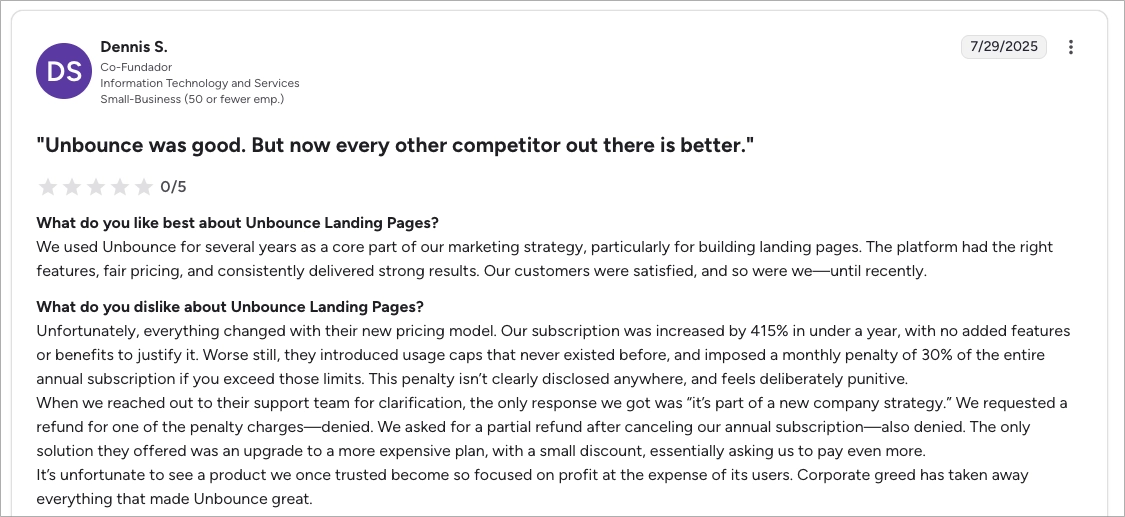 Recensione negativa di Unbounce