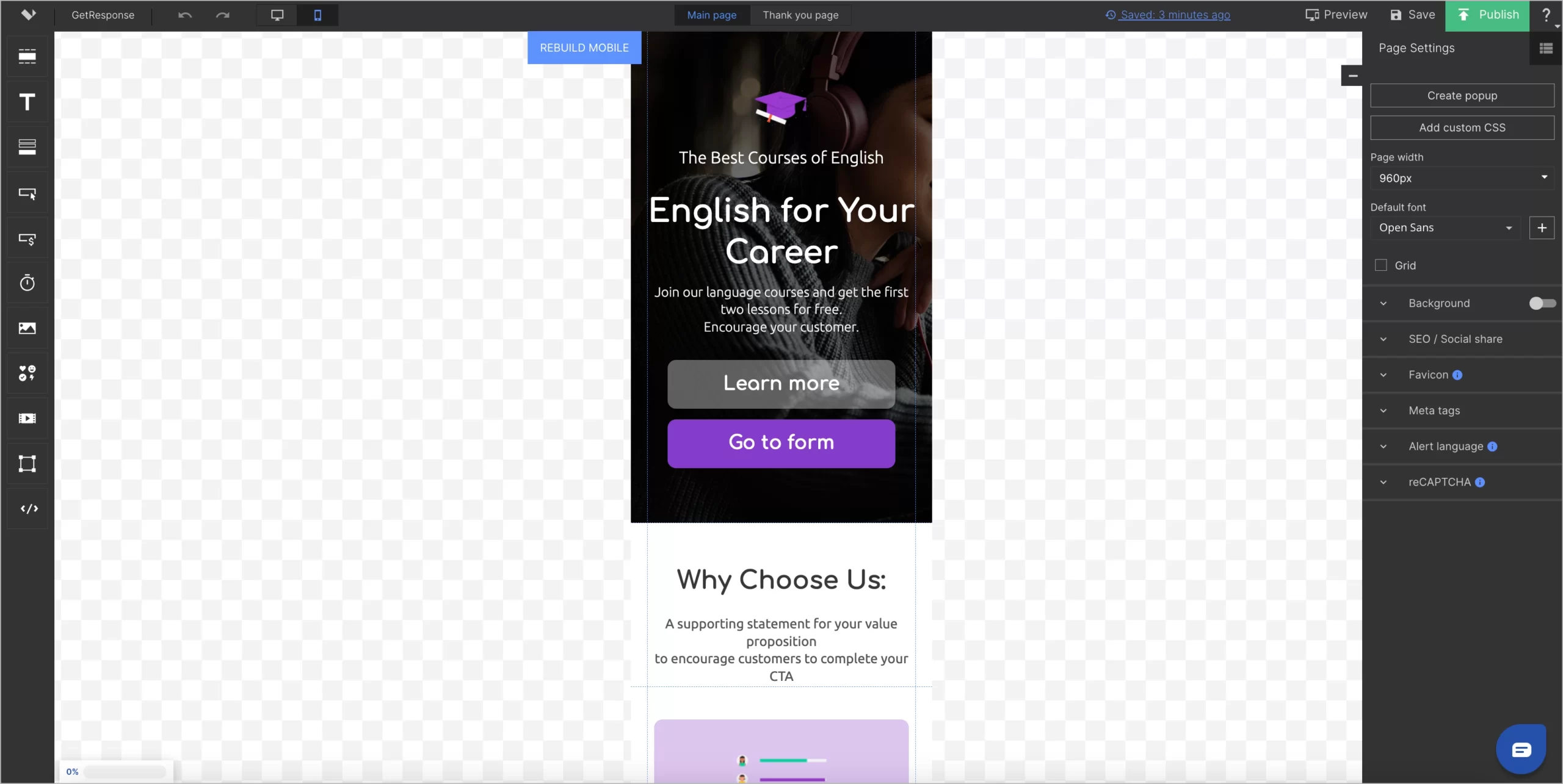 Construtor de sites de marketing tudo em um com visualização móvel