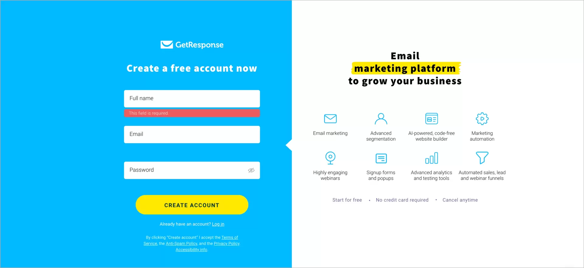 strona rejestracji getresponse platformy do email marketingu