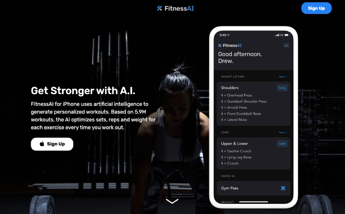 application landing page FitnessAI