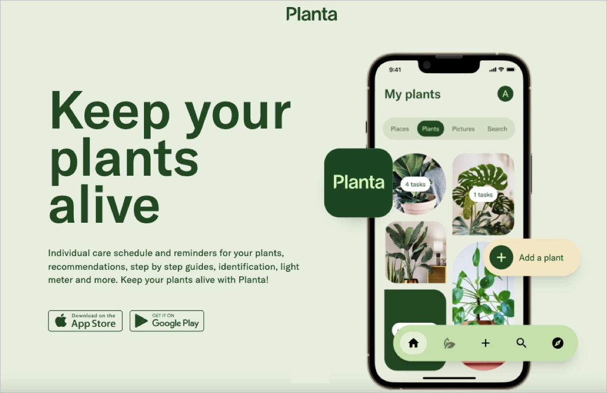 app landing page Planta