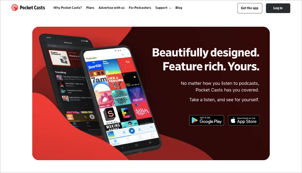 application landing page example Pocket Casts