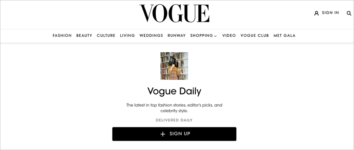 Vogue newsletter landing page example