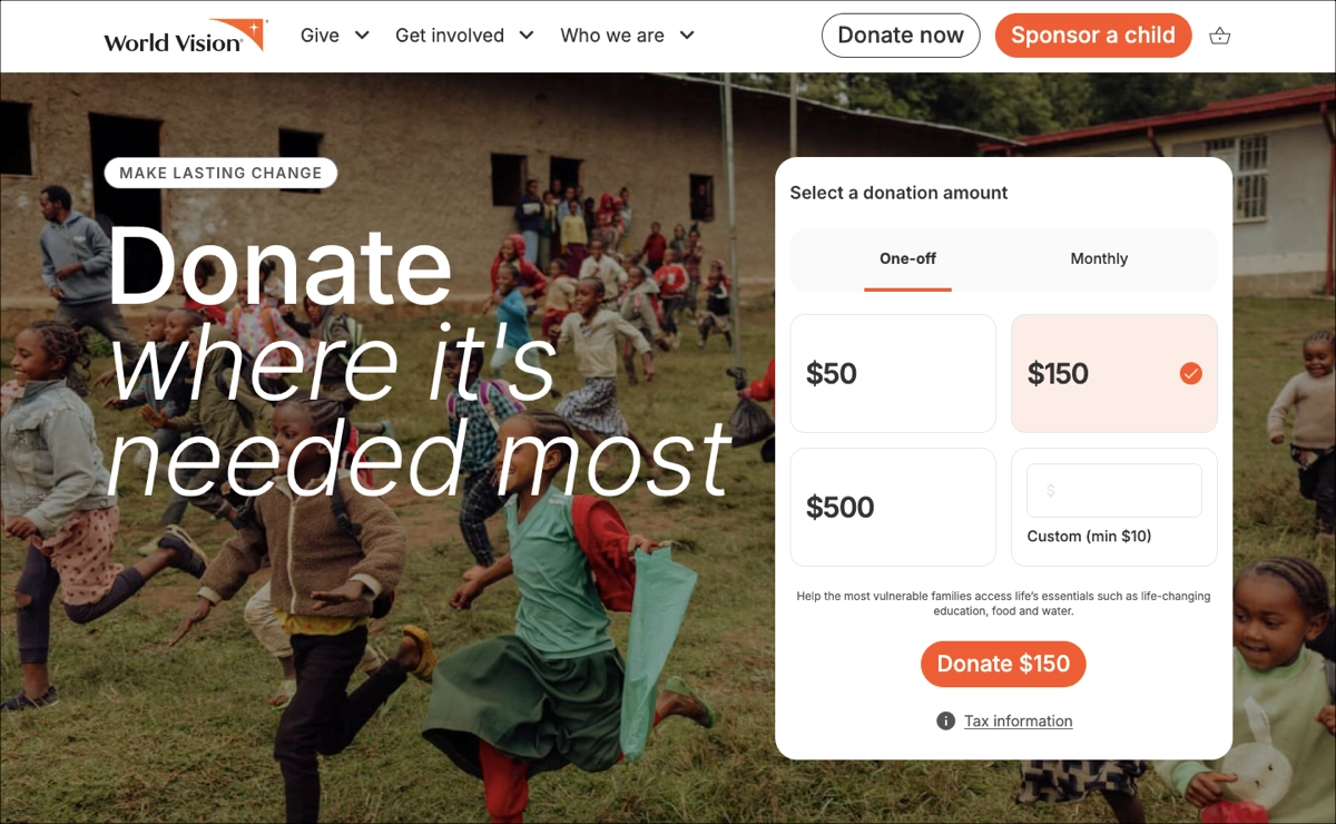 En af de veldesignede nonprofit landing pages med en simpel donationsformular