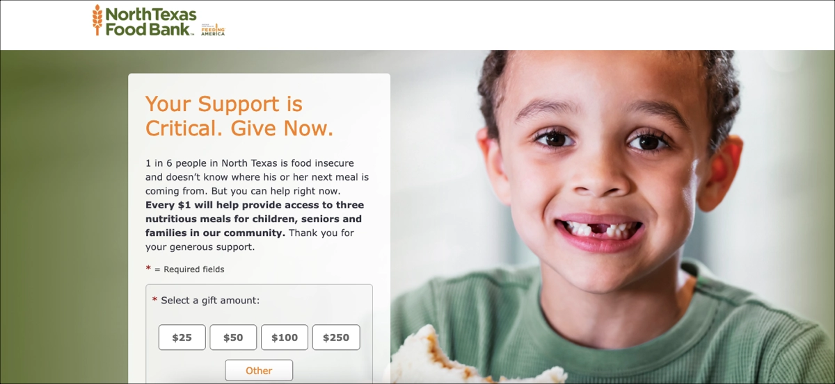 god donation landing page med et st&aelig;rkt baggrundsbillede