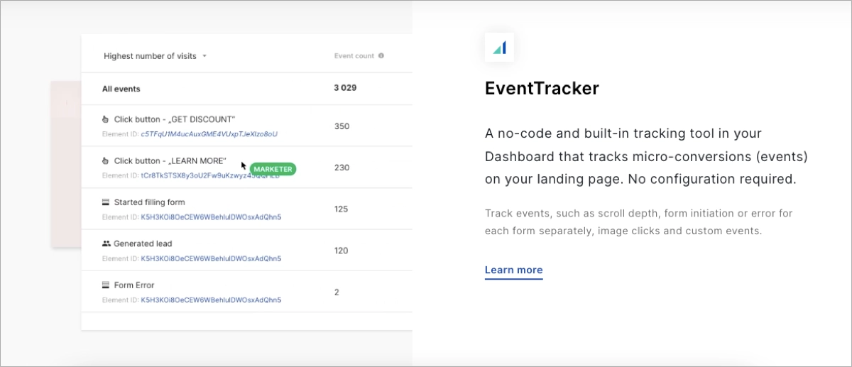 Landingi's Event Tracker tool for tracking micro and improving macro conversions