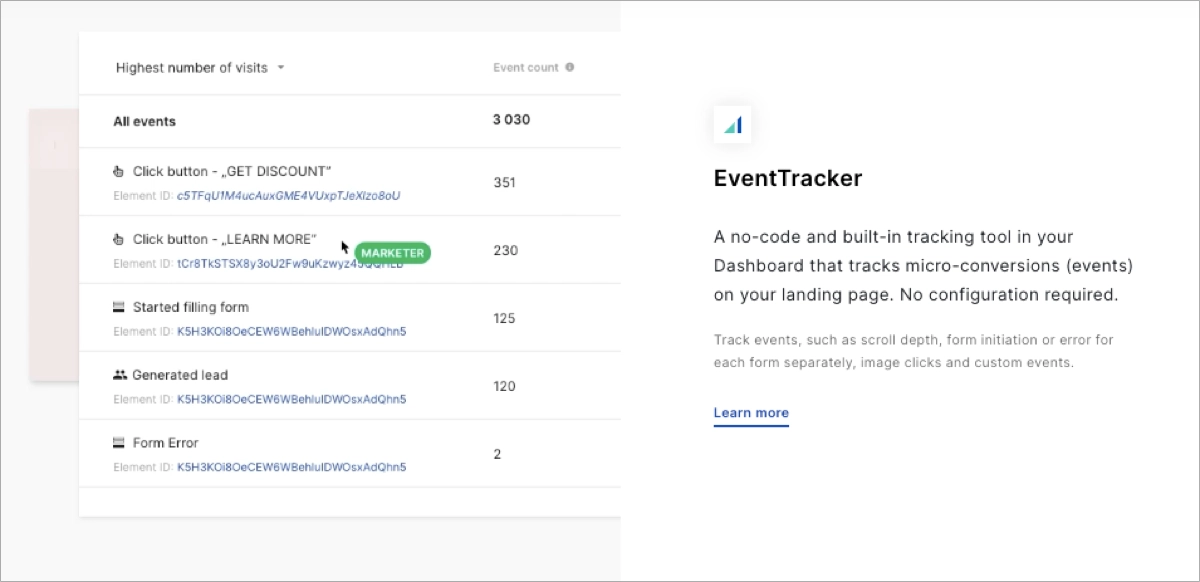 Landingi's EventTracker makes it easy to track the performance of your landing pages