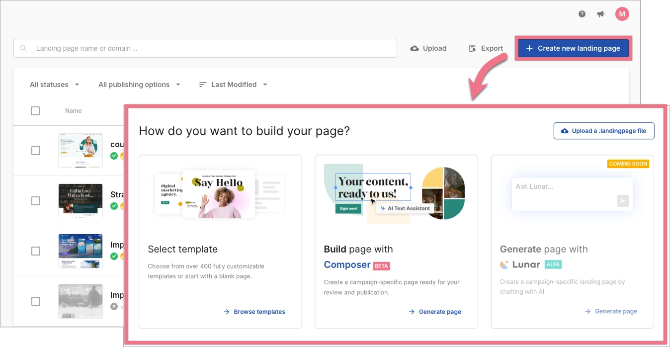 Landingi dashboard with option to create a new landing page and choose a page-building method
