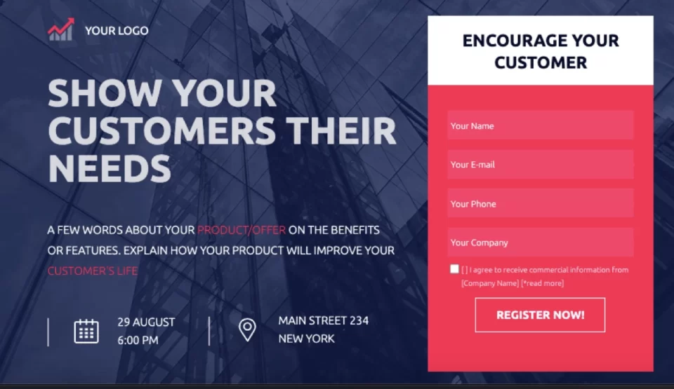 Event landing page template with registration form and key event information