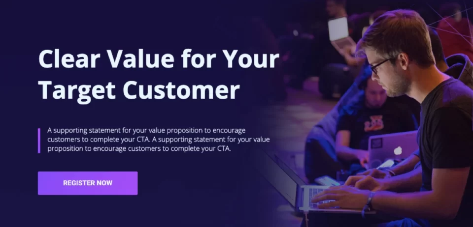 Event landing page template with value proposition and &ldquo;Register now&rdquo; CTA