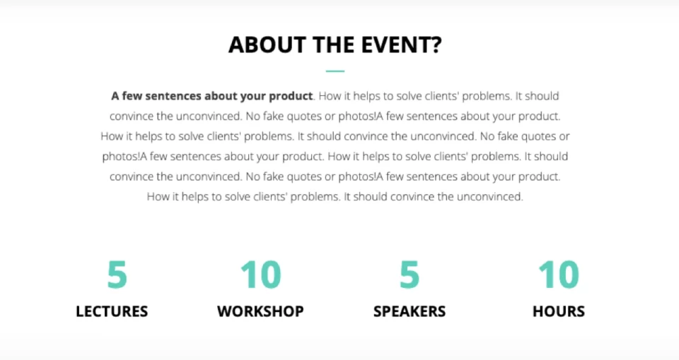 Event landing page section with event description and key statistics
