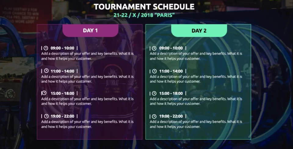 Event schedule layout with agenda split into two days