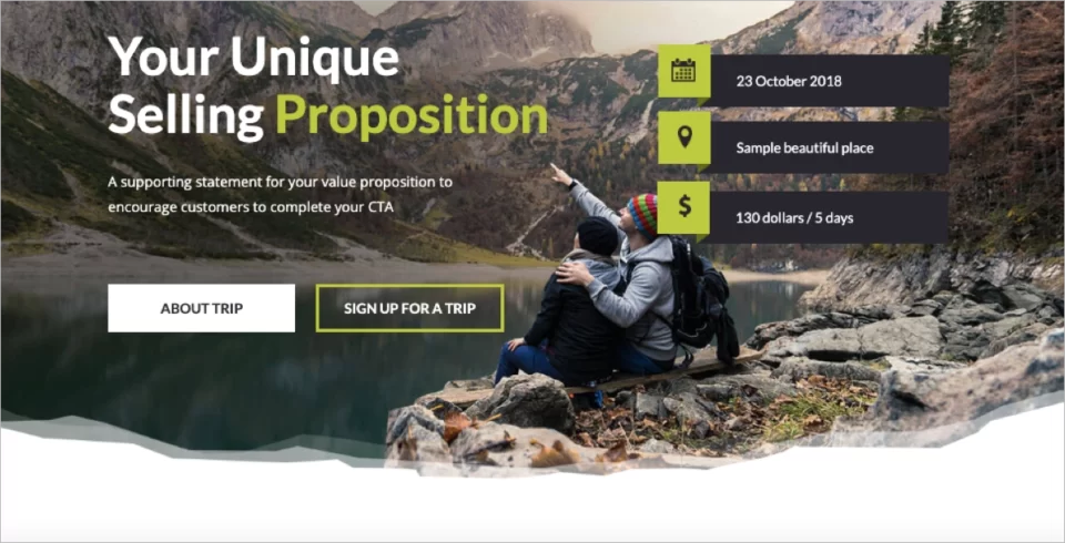 Event landing page template highlighting unique selling proposition and event details