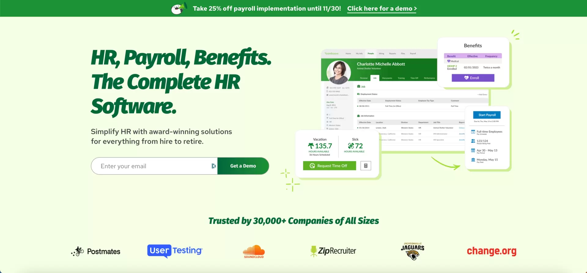 BambooHR opt in landing page with a demo as a lead magnet