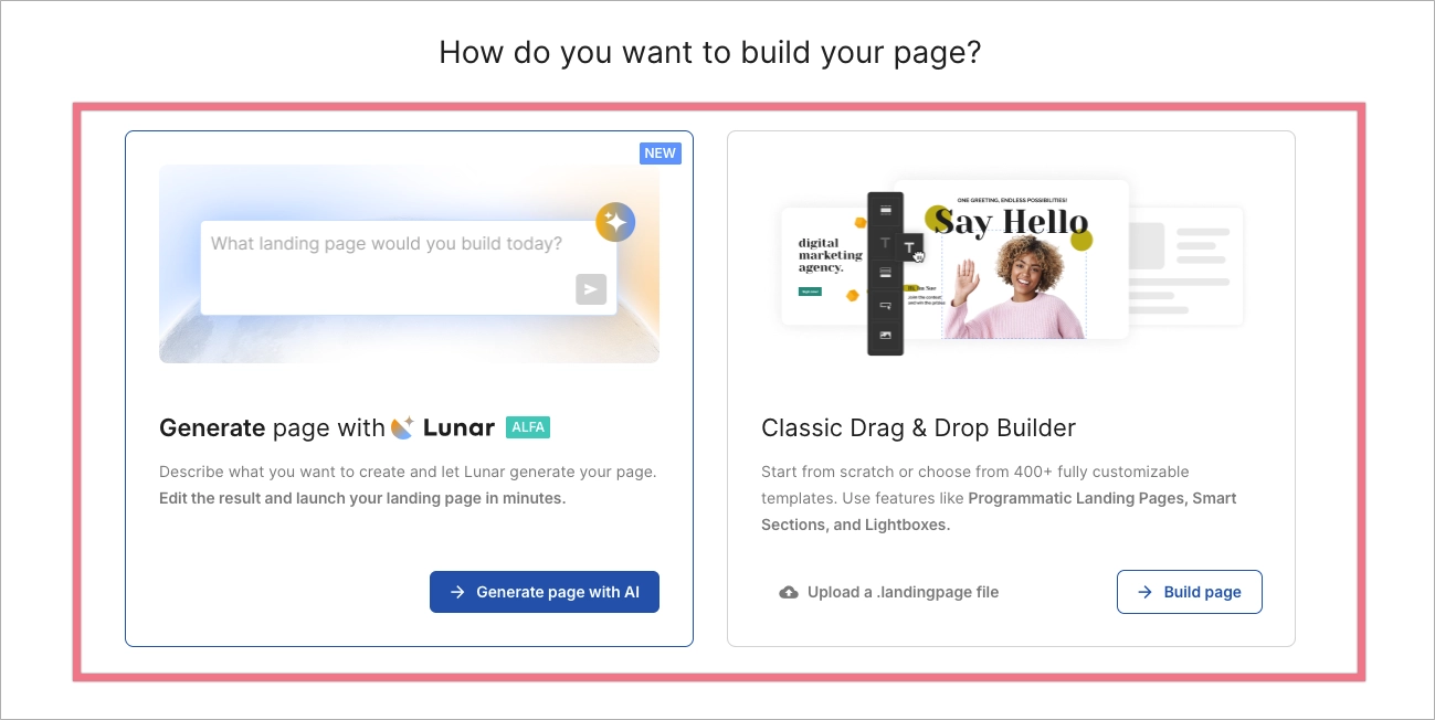 Two ways to build page in Landingi