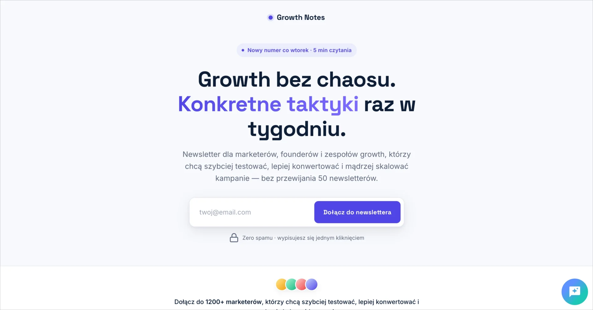 Sekcja hero landing page&rsquo;a Growth Notes z propozycją wartości i formularzem zapisu.
