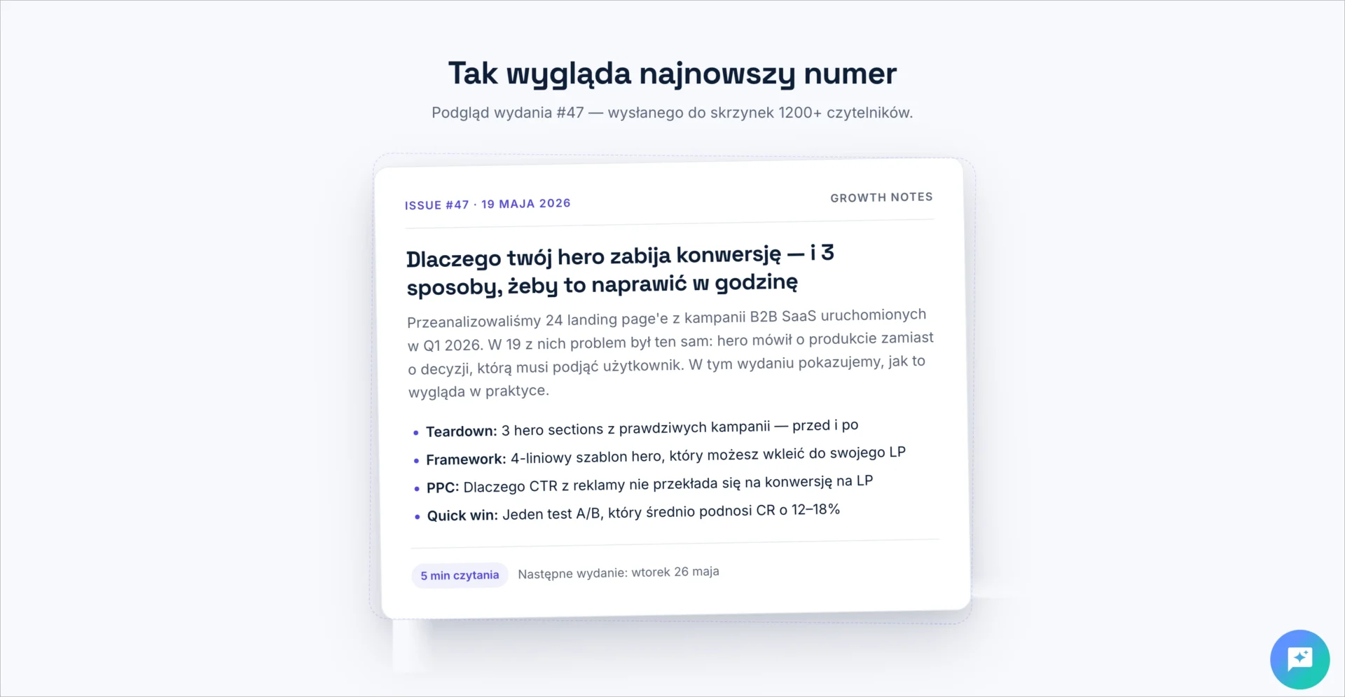 Podgląd najnowszego wydania newslettera Growth Notes z tematem o optymalizacji sekcji hero.