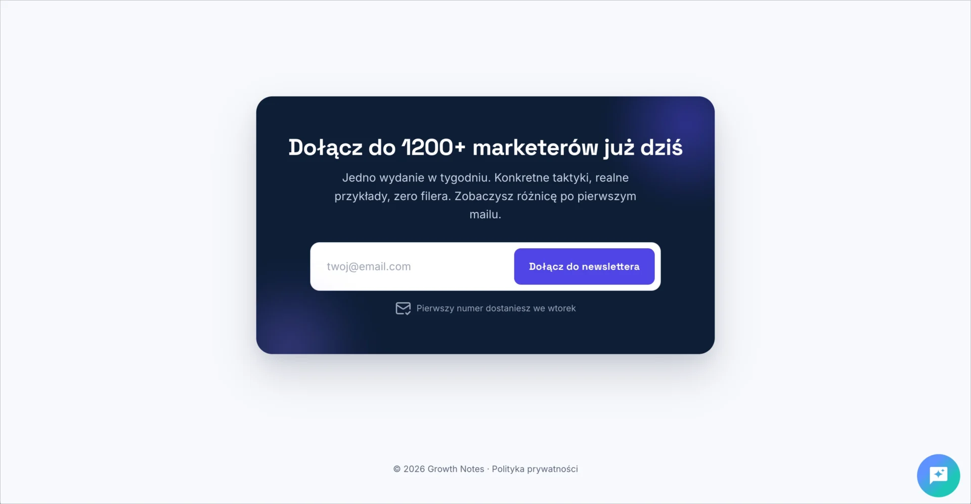 Formularz zapisu do newslettera Growth Notes z nagł&oacute;wkiem, polem e-mail i przyciskiem CTA.
