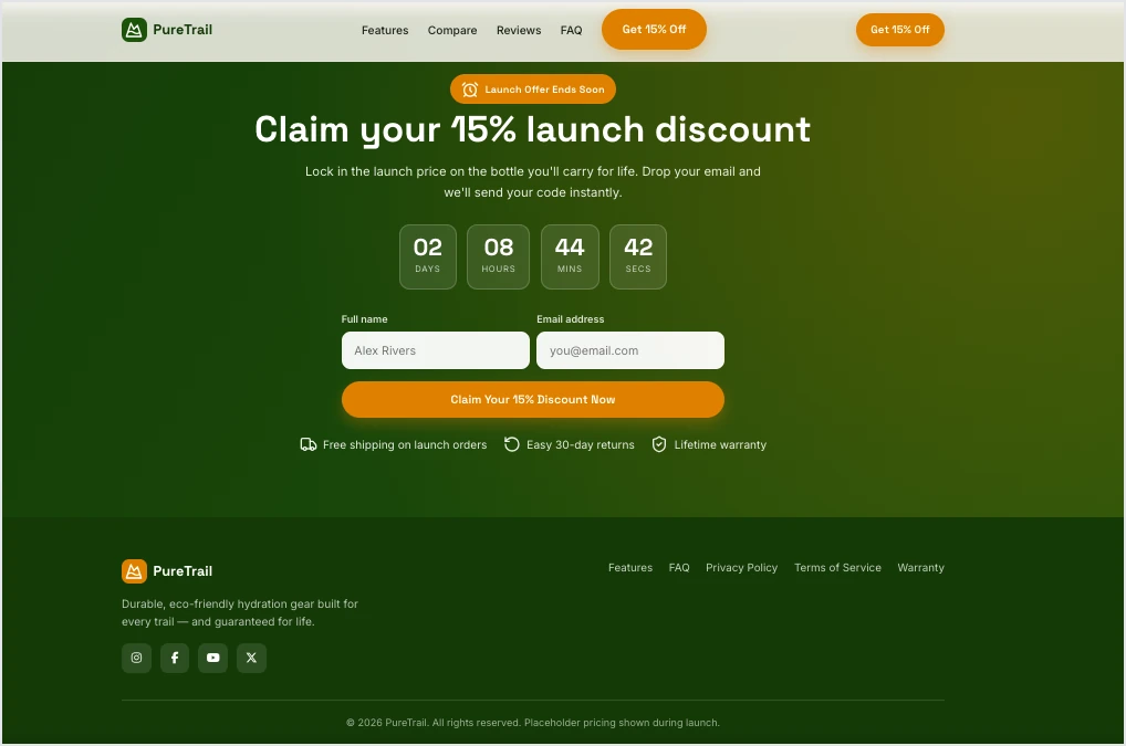 Produkt Landing Page erstellt mit Lunar, Landingi