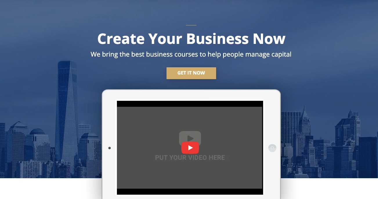Landing page modelo com espaço reservado para vídeo