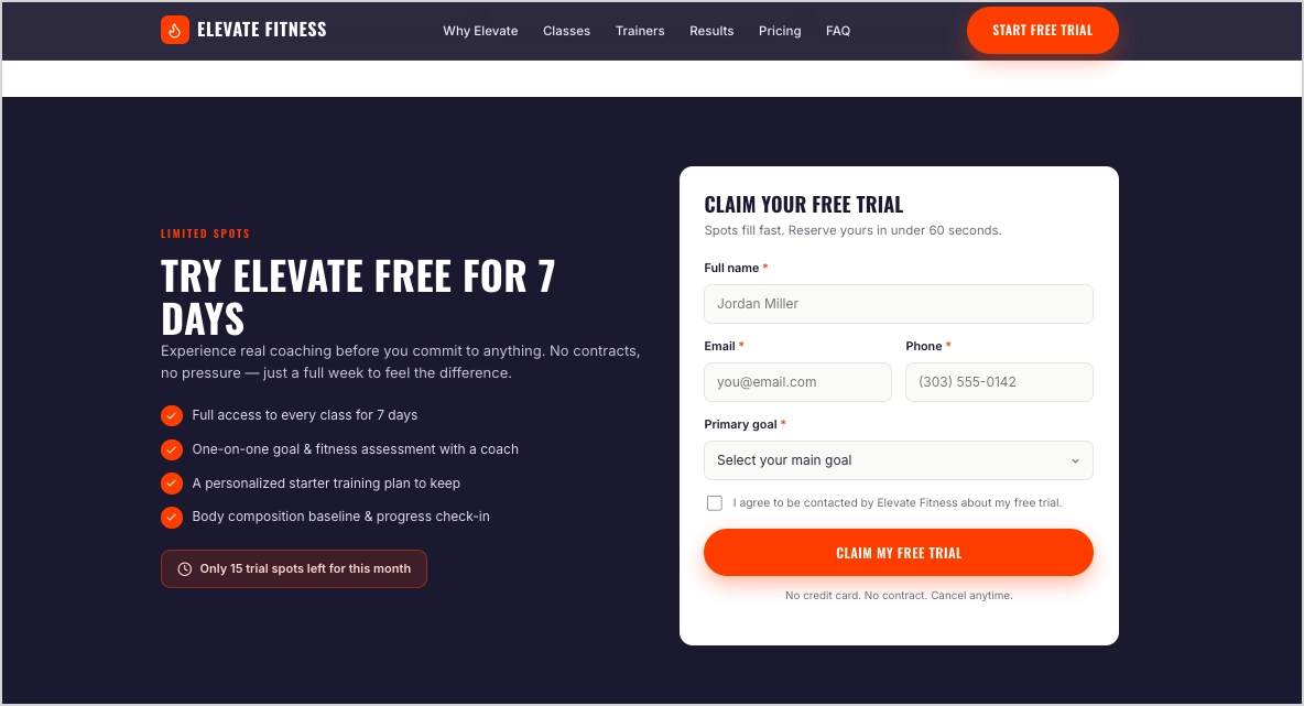 fitness landing page gerado pelo Lunar, Landingi