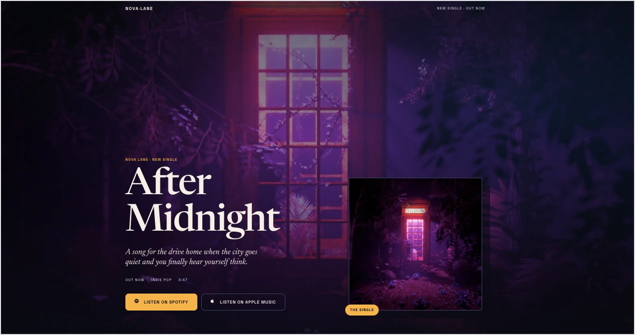 Muzyczny landing page wygenerowany przez Lunar
