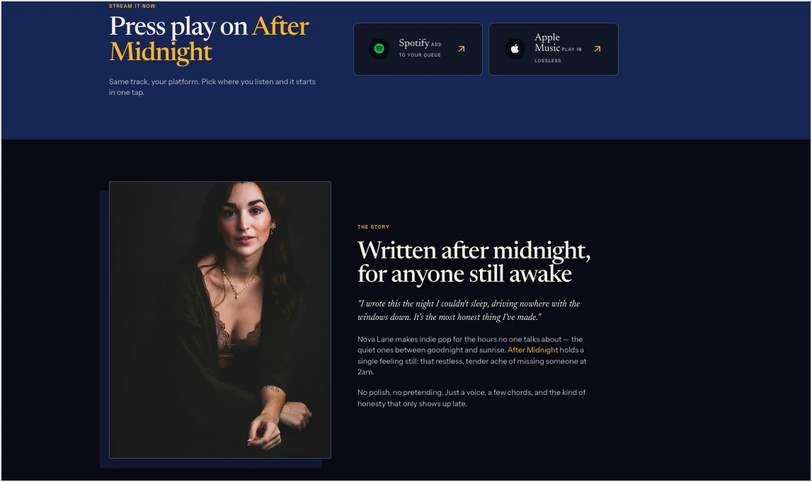 Muzyczny landing page wygenerowany przez Lunar